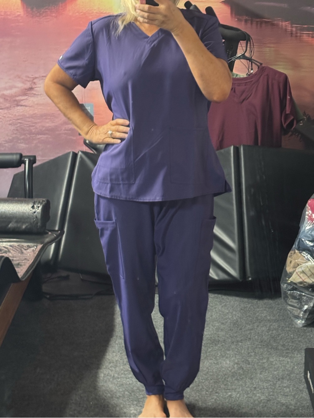 Scrub Set Women’s Med Couture in Grape M Track Pants & V-Neck Top